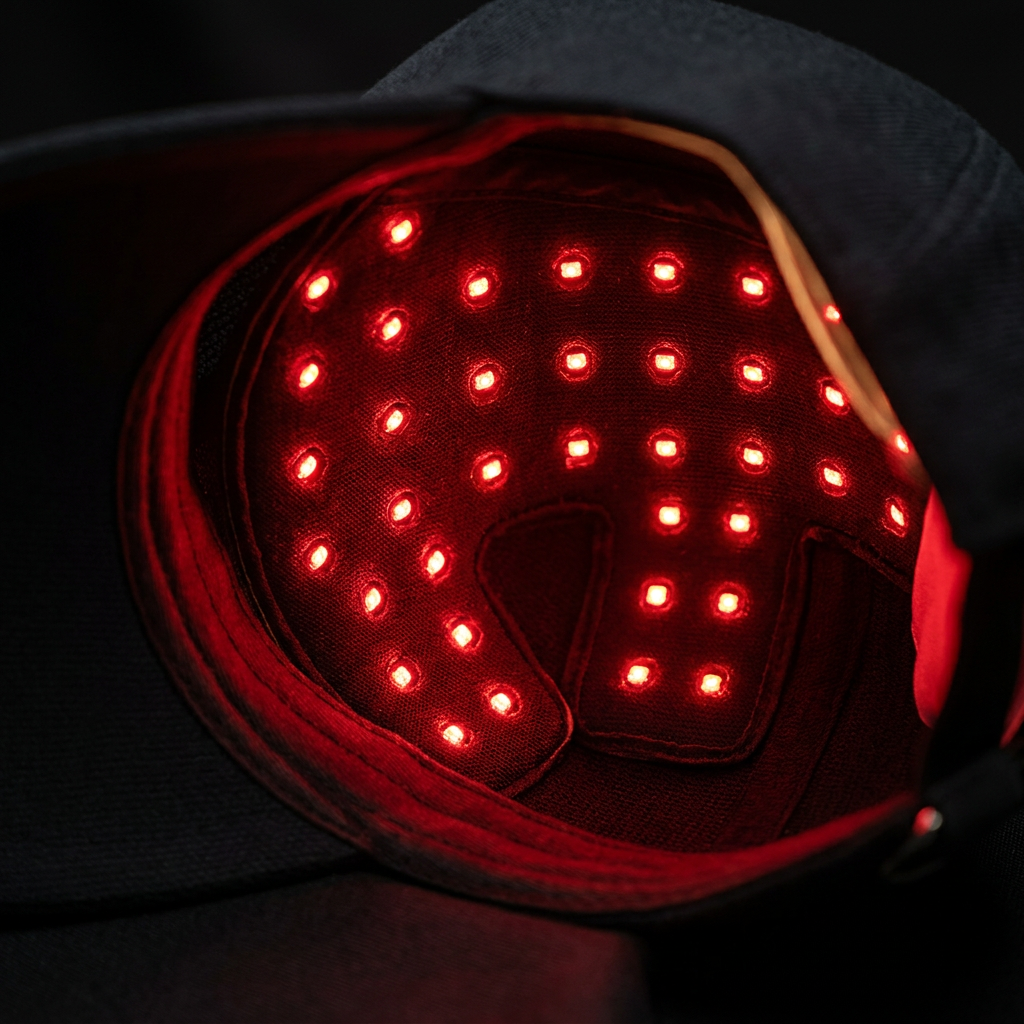 Close-up of the glowing red lights inside the Luvarei cap