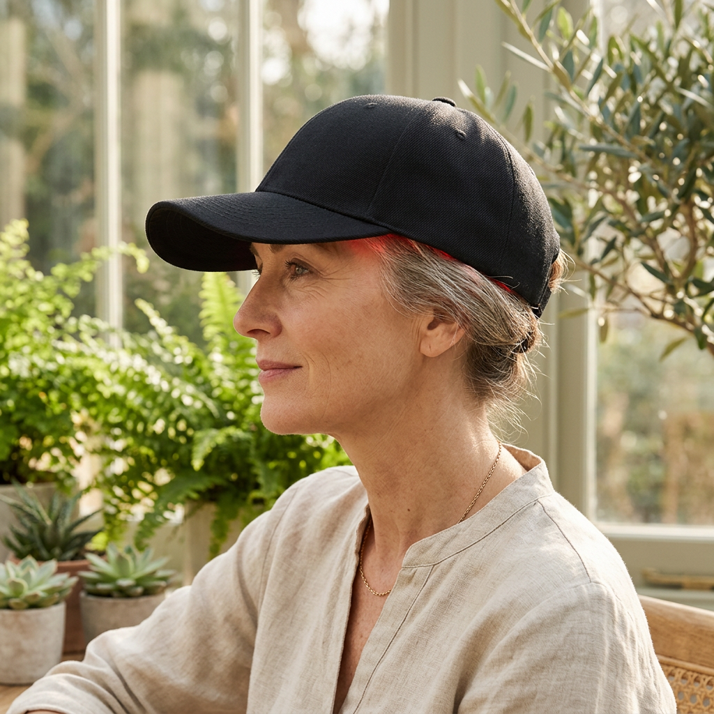 Woman wearing the Luvarei cap in a bright botanical room