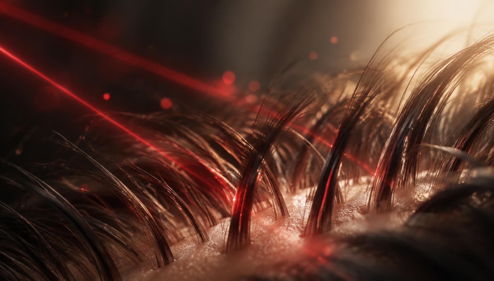 Editorial visualization of red light moving around hair and scalp